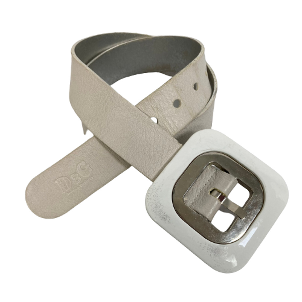 Dolce & Gabbana Womens White Leather Belt Buckle Embossed Logo Sz L XL 100 88‎